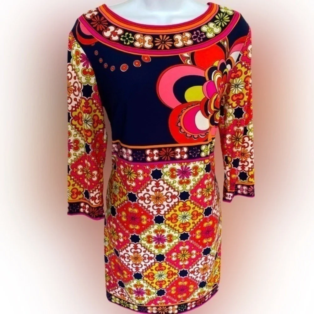 Trina Turk Retro 60’s Print Dress - 4 navy pink green , quarter sleeve. Saks